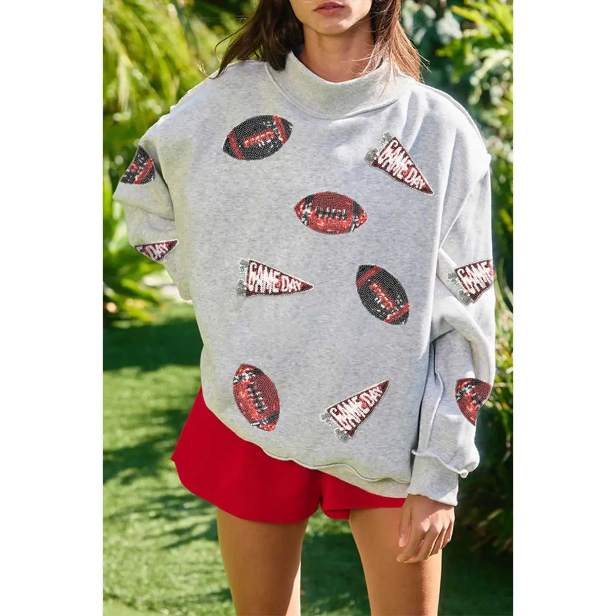 Women's Light Grey Sparkly Sequin High Neck Ribbed Long Sleeve Casual Everyday Baggy Rugby Game Day Sweatshirt, Hoodie, Sleeves