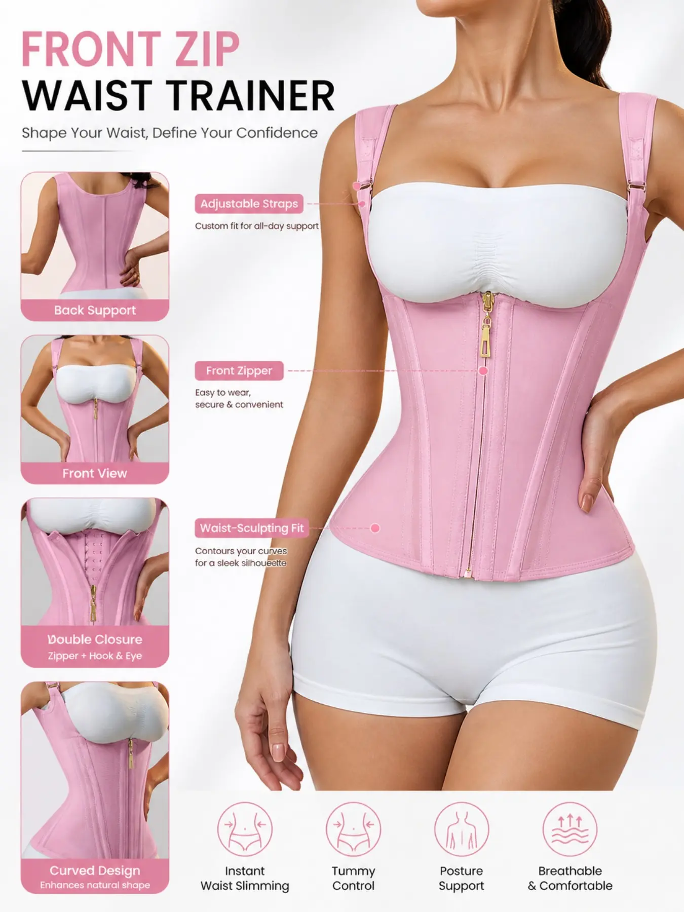 Women’s Waist Trainer Corset, Front Zipper Tummy Control Body Shaper with Adjustable Shoulder Straps, Smooth Compression Shapewear Vest for Fitness, Work, Travel and Everyday Outfits