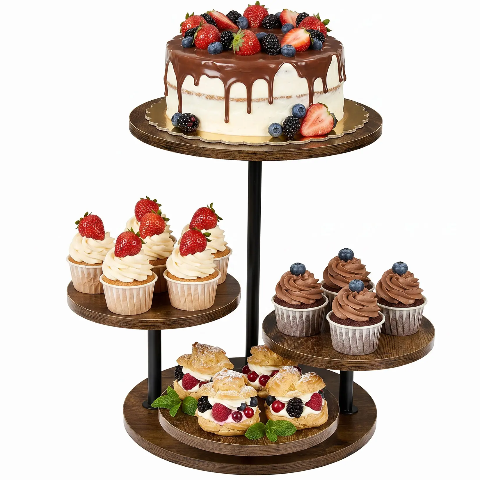 4 Tier Wooden Cupcake Stand, Round Cake Display Tower for Party, Multi Purpose Dessert Holder Centerpiece for Wedding Baby Shower