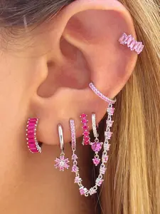 6Pcs Exquisite 24K Gold Plated Flower Drop Dangle Earrings Pack For Women Cubic Zirconia Hoop Earrings Set Pink Zircon Chain Earrings Stack Fashion Jewelry Gift