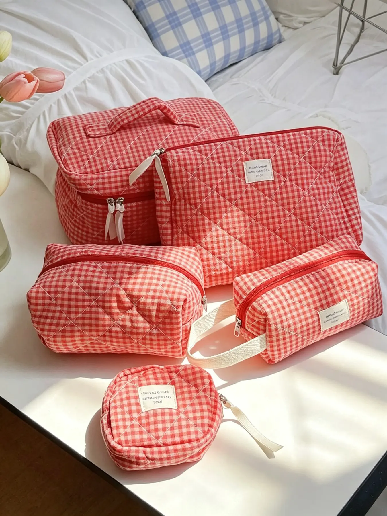 Large Capacity Home Organization Storage Bag With Zipper Portable Travel Toiletry Bag Classic Grid Print Cosmetic Pouch Soft Fabric For Travel Home Dorm Bathroom Storage