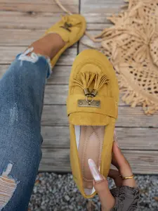 Women's Tassel Decor Suede Loafers, Comfortable Slip-On Casual Flat Shoes, All Seasons, Textile Upper, Rubber Sole, Daily Wear