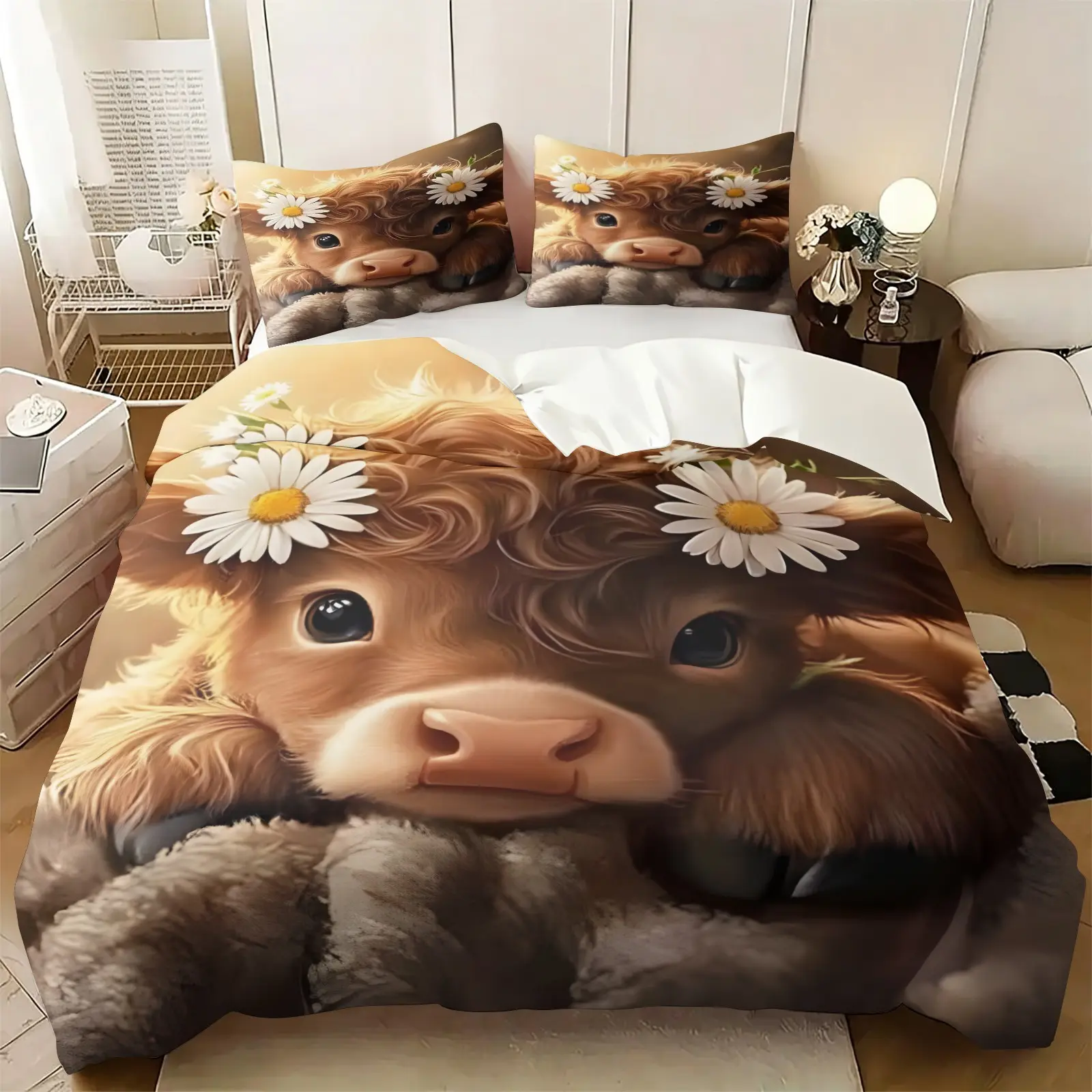 Highland Cow Bedding：2/3pcs Cartoon Animal Print Duvet Cover Set, Decorative Duvet Cover – Rustic Farmhouse Style – Soft, Breathable, and Cozy – Kids' or Girls' Bedroom Decor (1 Duvet Cover + 1 or 2 Pillowcases; No filling) – 6 Patterns