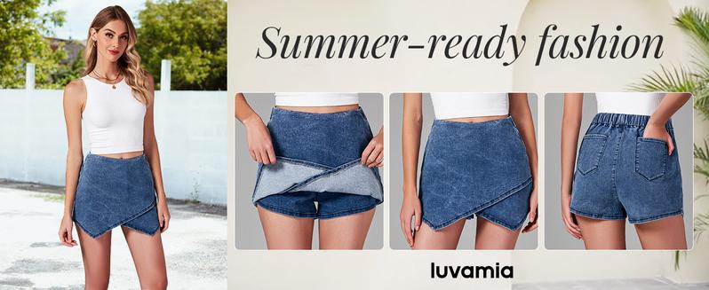 luvamia Jean Skorts for Woman High Waisted Pull On Casual Oversize Stretchy Denim Wrap Skirt with Shorts Trendy Asymmetrical Skort country concert outfits Basic Womenswear