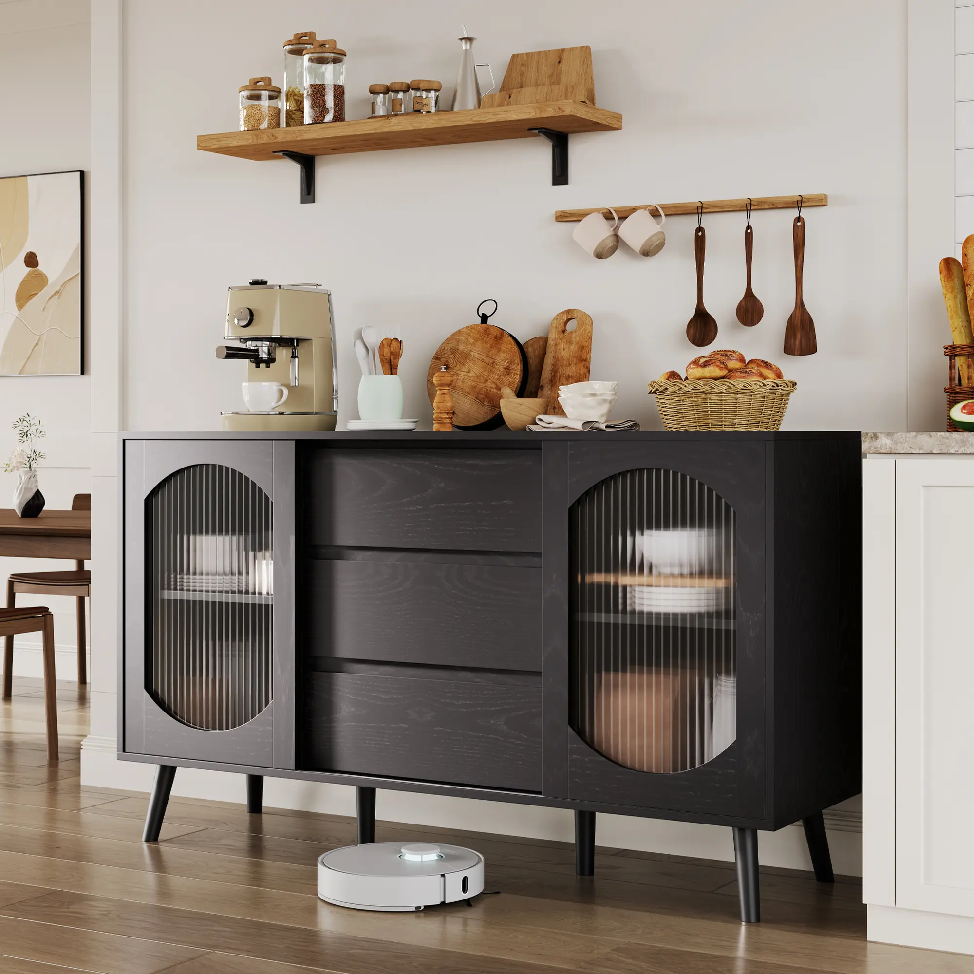 Buffet Cabinet with Storage, Sideboard Cabinet with Fluted Glass Sliding Doors and Drawers, Black Sideboard