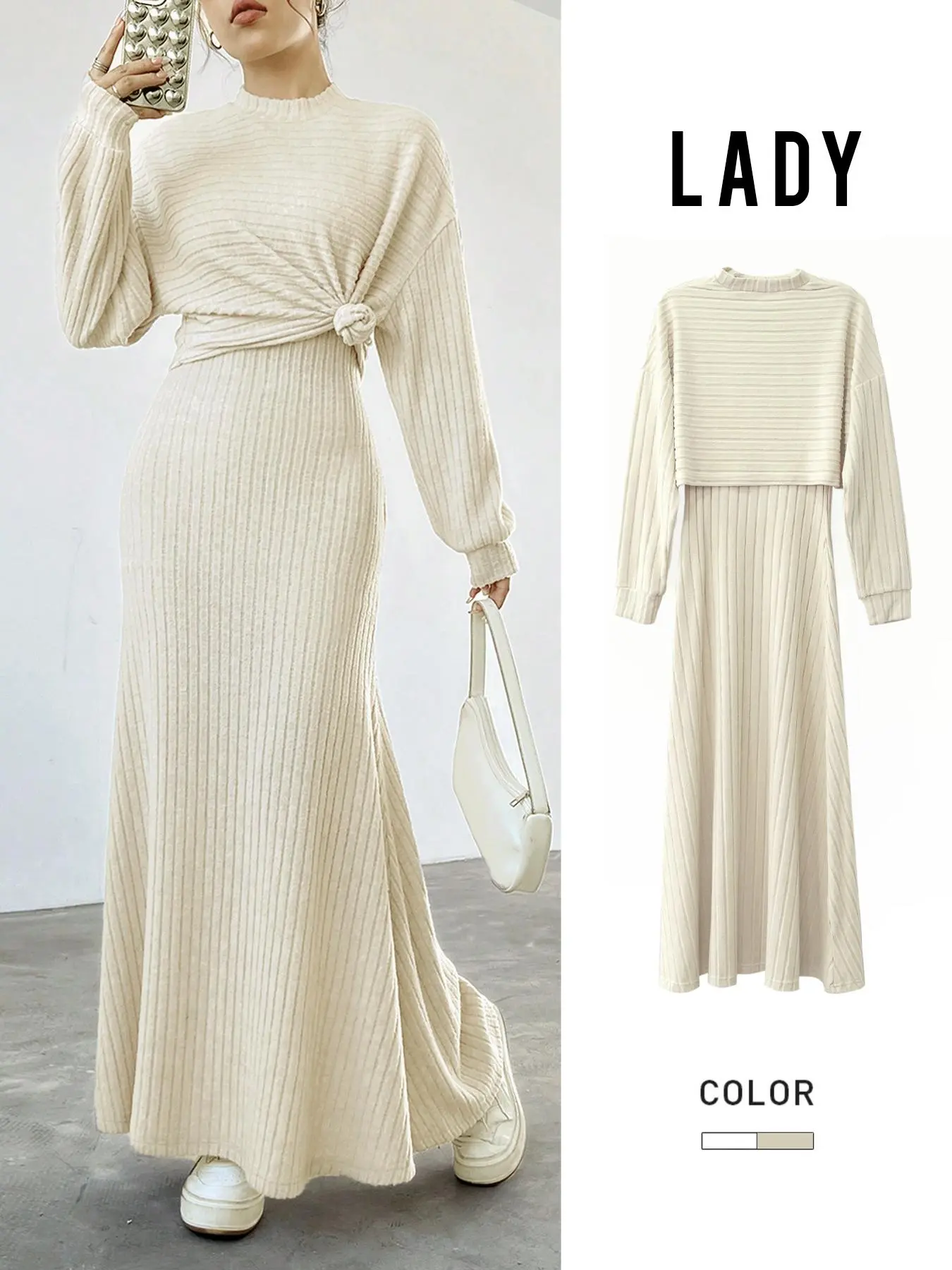 2026 Fall Winter Women's Long Sleeve Fitted Plain Dress Set, Slimming High-Style Fashion Knitwear, Versatile and Chic, Classy Modest Outfit Dresses