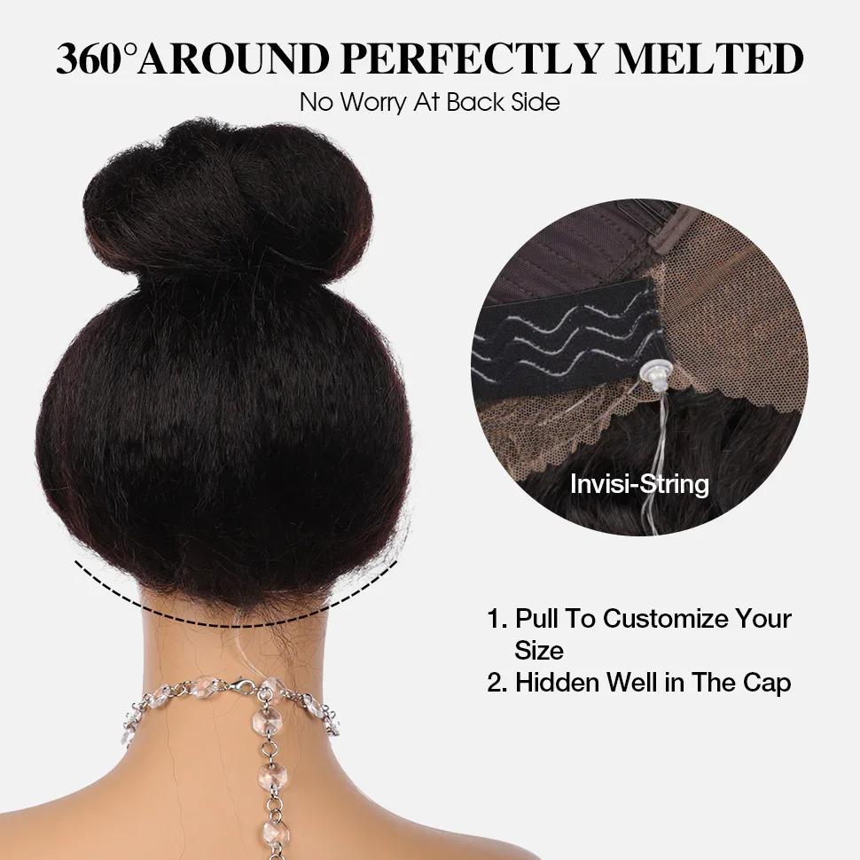 Bling Hair 360 Glueless Wigs Kinky Straight 360 Full Skin Lace Frontal Wig Invisible Strap Pre Plucked Pre Cut Natural Hairline Human Hair Wig