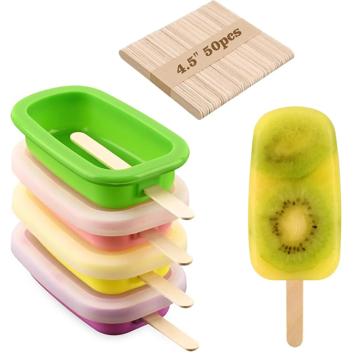 Stackable  Popsicle Molds with , 4 count Ice Cream Molds with 50 Wooden Sticks for Cake Pop, Ice Pop, Cakesicle (Standard Size/Multicolor)