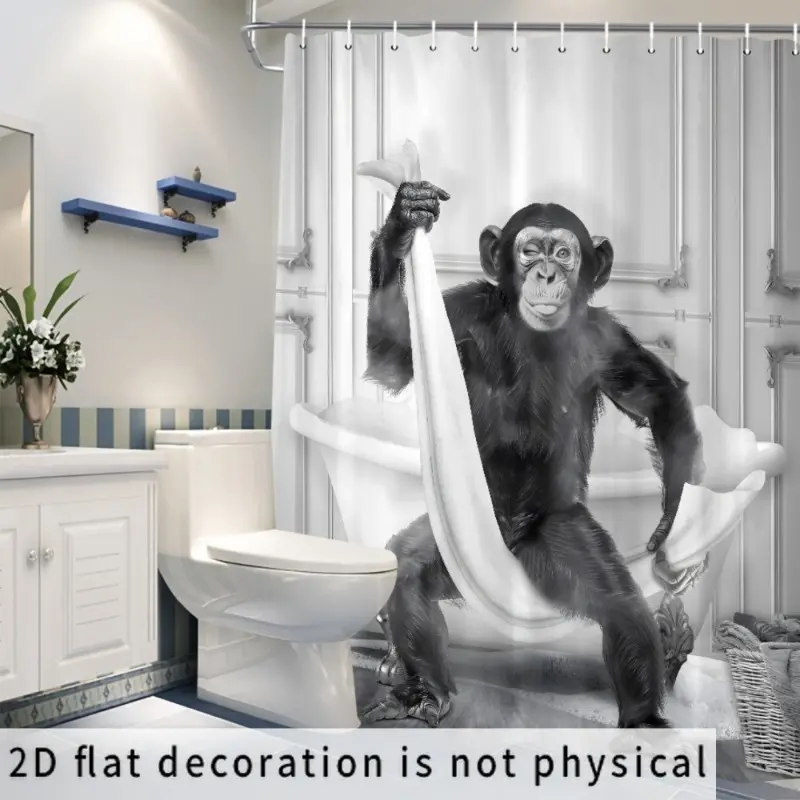 Nordic Style Monkey-in-Bathtub Shower Curtain – Digital Print, Vintage Elegance, No-Drilling Installation, Autumn/Winter Vibe