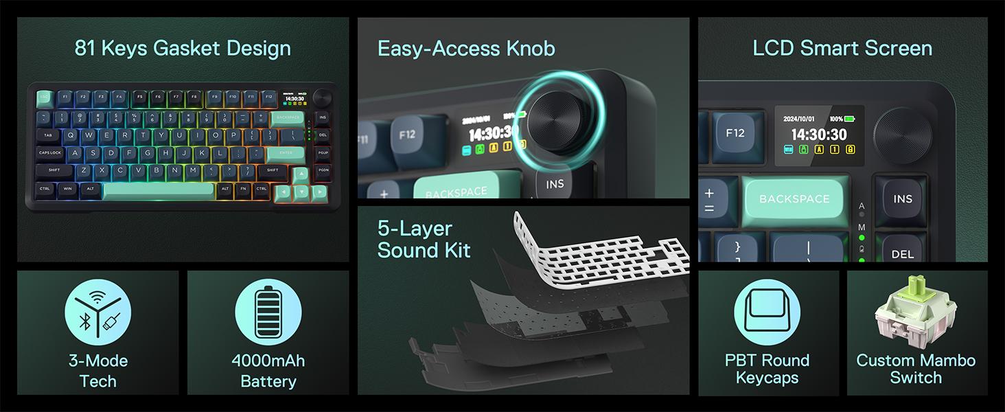 Redragon K724 PRO Wireless Gasket Gaming Keyboard w/Hype Screen & Knob, 81-Key Mechanical Keyboard, Easy-Control 1.14’’ TFT Info Display, 5-Layer Noise Dampening, Custom Linear Switch, Dark Jade Color