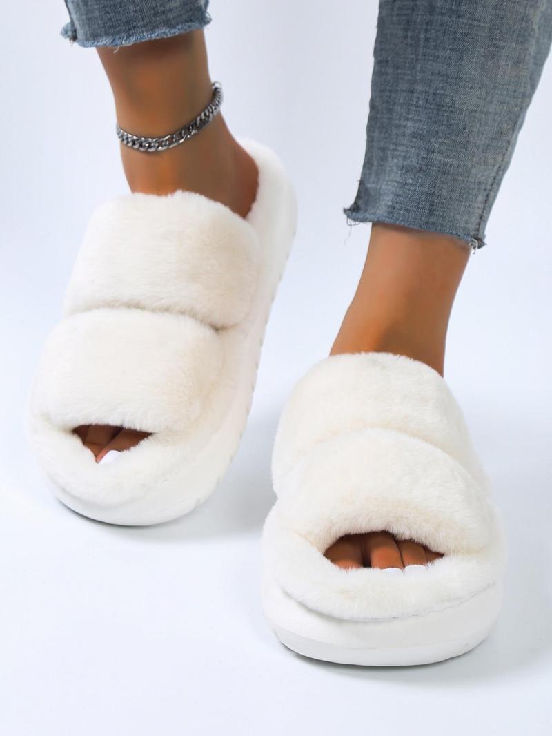 Women's Summer Comfort Solid Color Fluffy Slide Slippers, 2025 Summer Double Strap Bedroom Slippers, Girl Casual Soft Plush Home Slippers, Footwear & Walking Shoes, Flat Shoes Sandals