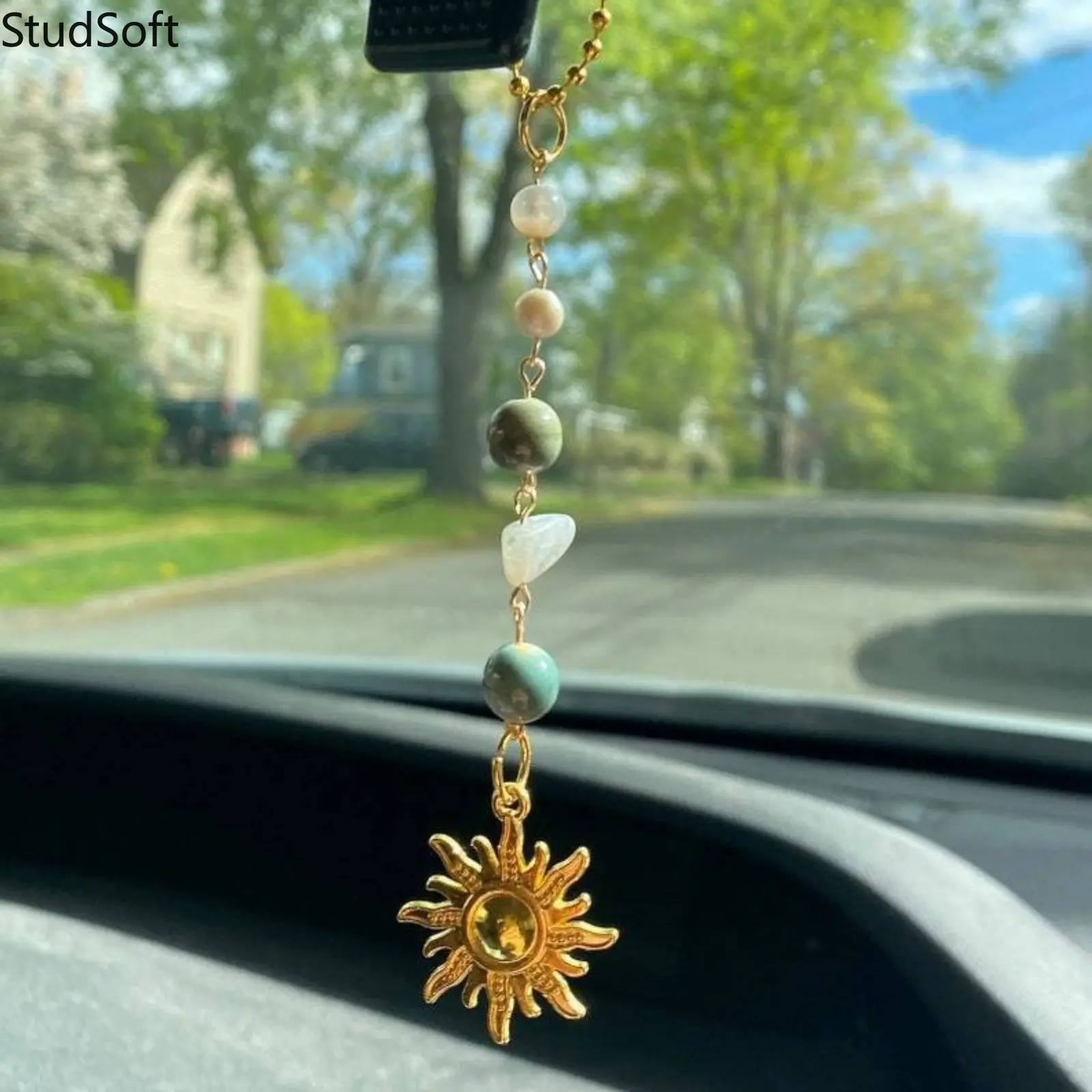 Gold Sun Crystal Stone Car Hanging Ornament, Boho Witchy Gypsy Rearview Mirror Car Charm, Protective Auto Interior Pendant Gift for Women Friends (Truck Vehicle Compatible), Protection