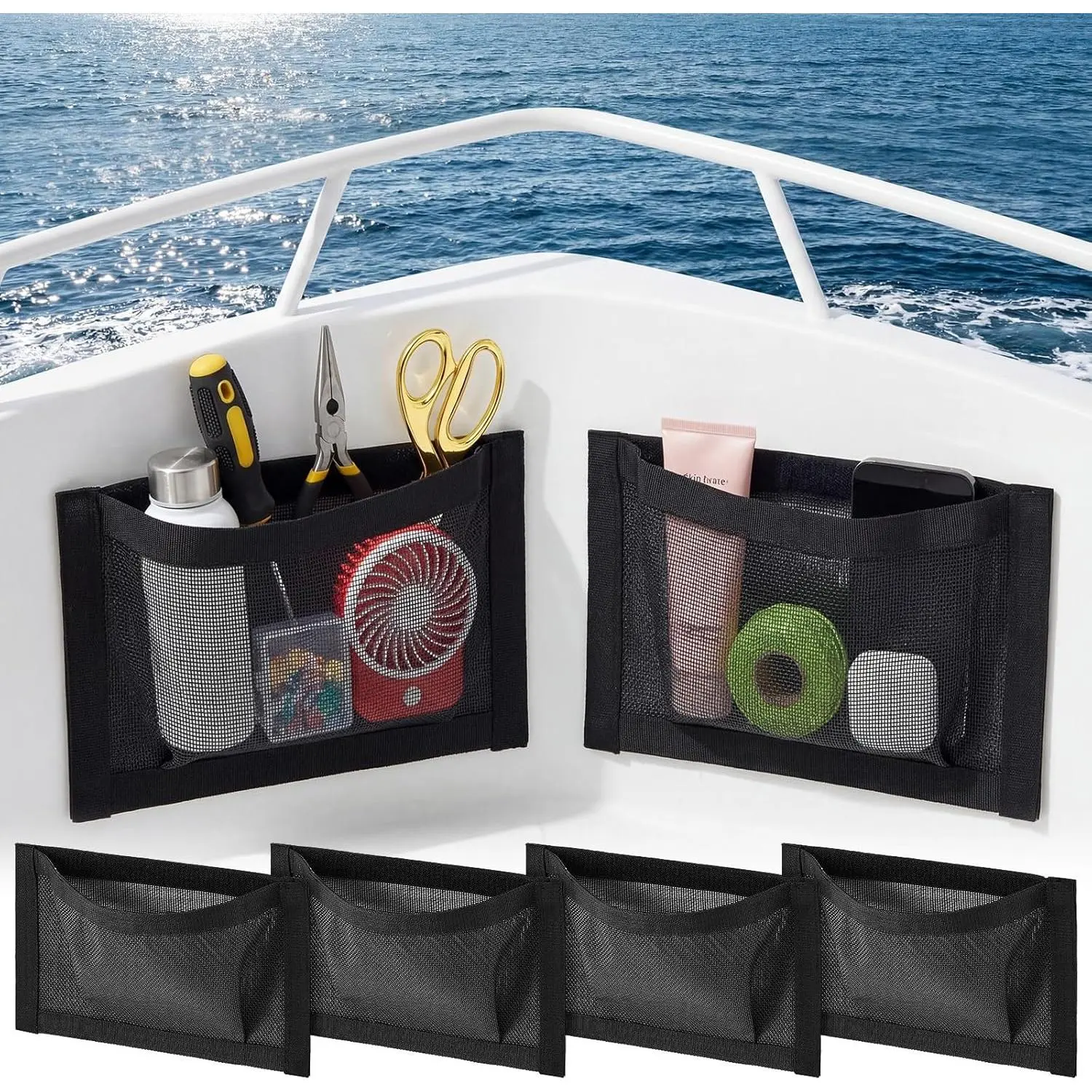 Self-Adhesive Boat Storage Mesh Bag, Tear Resistant Waterproof Boat Storage Accessories, Sailboat Pontoonboat Caddy Organizer for Tackle, Tools, Gear, Gloves Small Items
