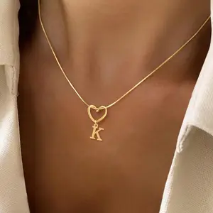 Gold Plated Letter Necklaces for Women Hollow Heart Initial Pendant Stainless Steel Herringbone Chain Necklace For Women Jewelrycords for graduation,gift,accessories for women