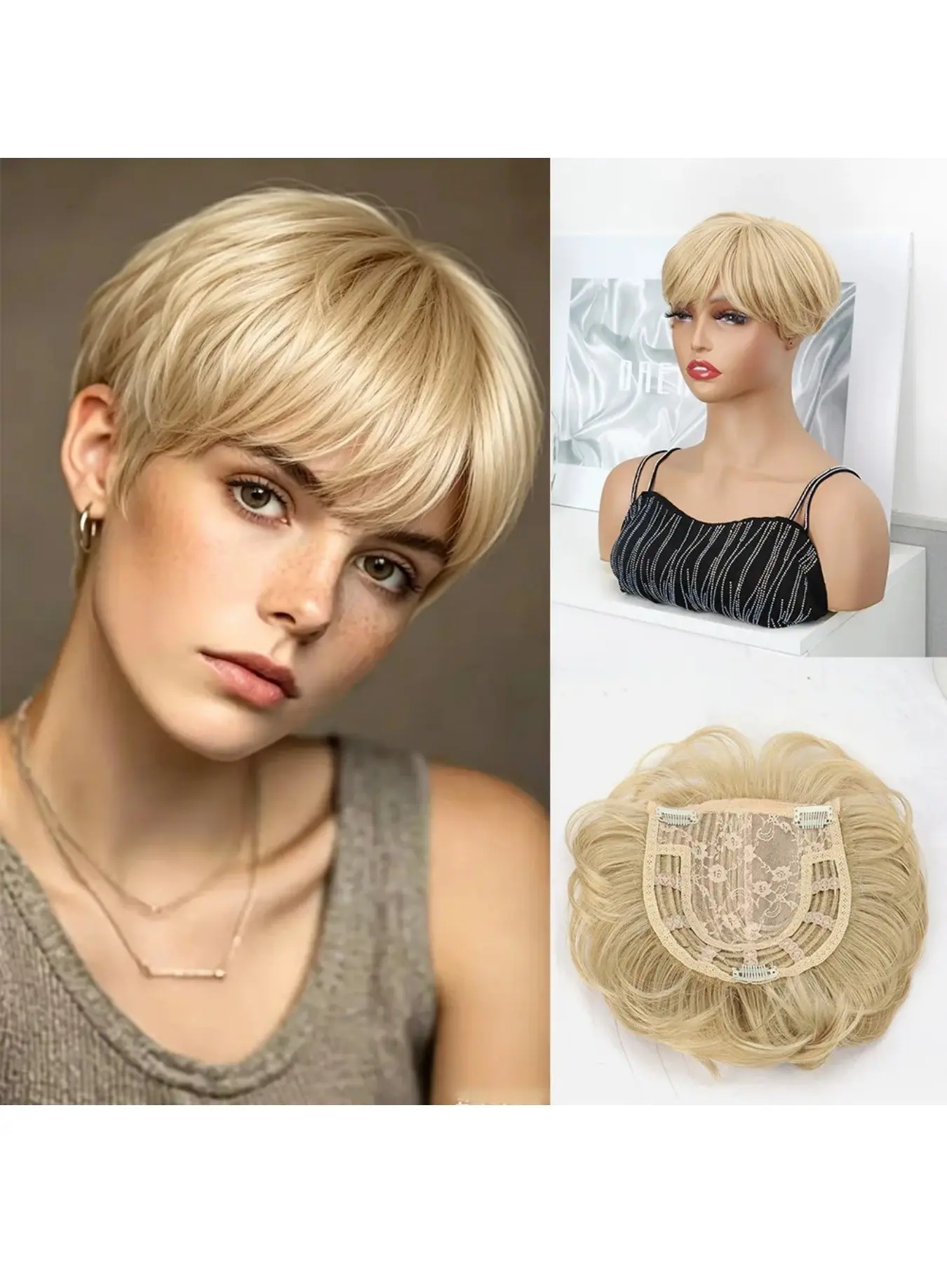 Synthetic Short Hair Topper with Bangs for Pixie Cut Women, Fluffy Volume Hair Piece for Thinning Hair, Soft & Breathable