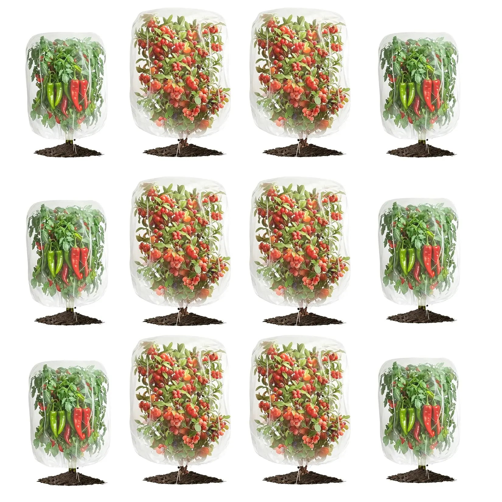 Multi-Size Drawstring Tie Garden Plant Netting Pack (12-Pack, No Zipper) – 6 Pcs 3.3×2.6ft + 6 Pcs 4.9×3.3ft PE Netting for Outdoor Garden Bird Protection Against Insects, Squirrels, Reusable Fine Mesh