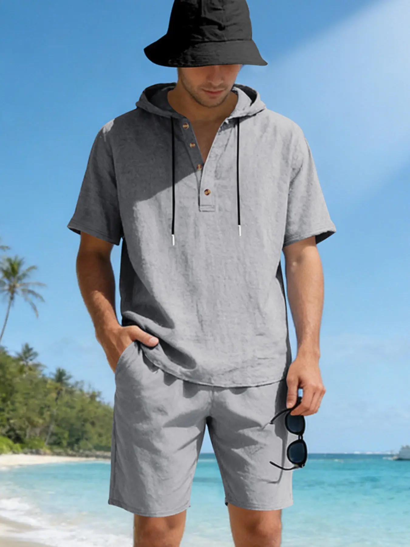 Men's loose-fit, breathable linen hooded henley-sleeve shorts and T-shirt set for summer