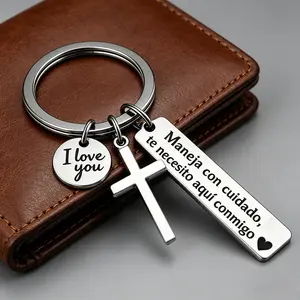 "Maneja Con Cuidado" Engraved Keychain Te Necesito Aquí Conmigo Spanish Safe Driving Key Chain Religious Cross Charm Couple Car Keyring Gift for Him Her