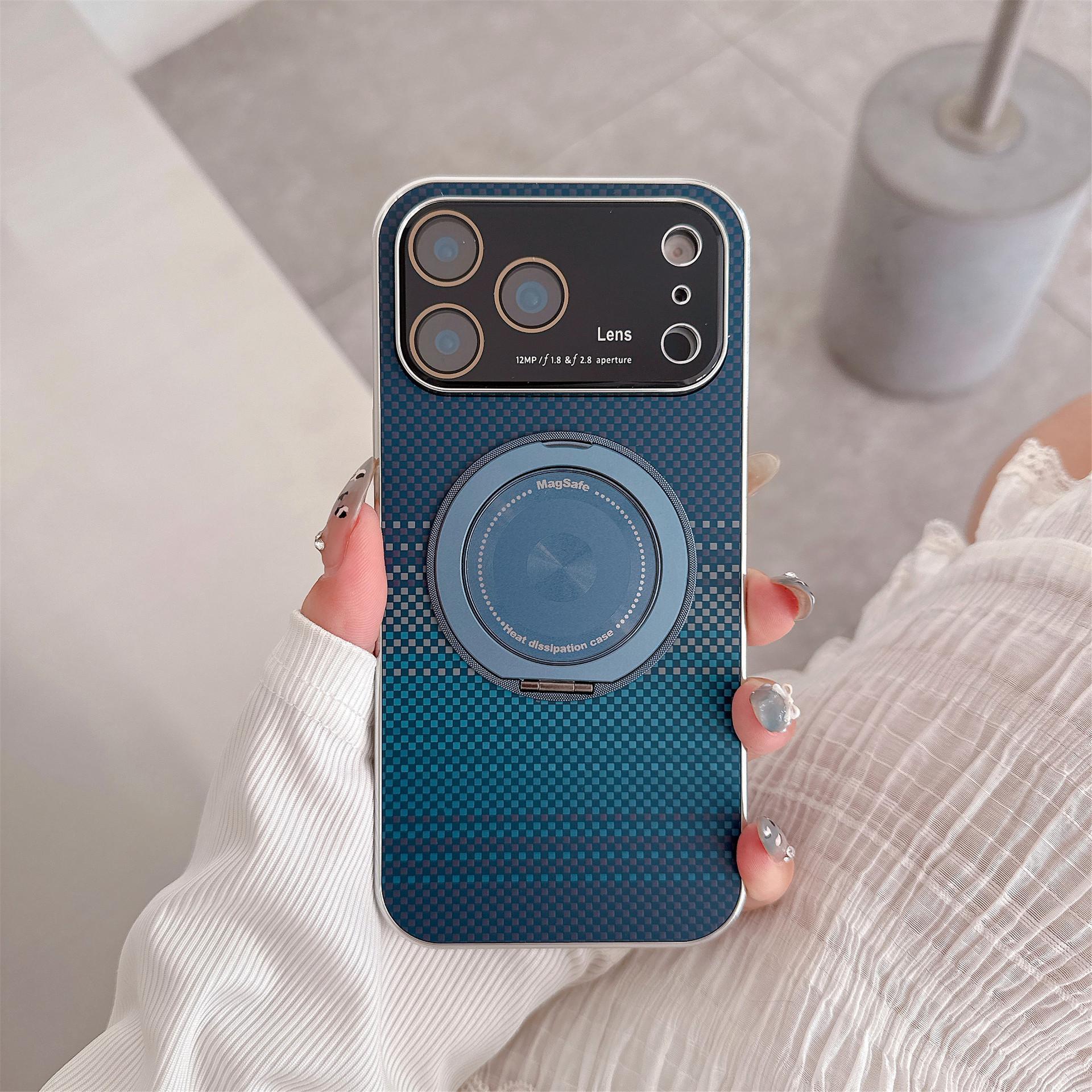 Suitable for iPhone 17 Magnetic Phone Case Rotating Stand iPhone 16 Pro Max Large Window Electroplated Fiber Texture