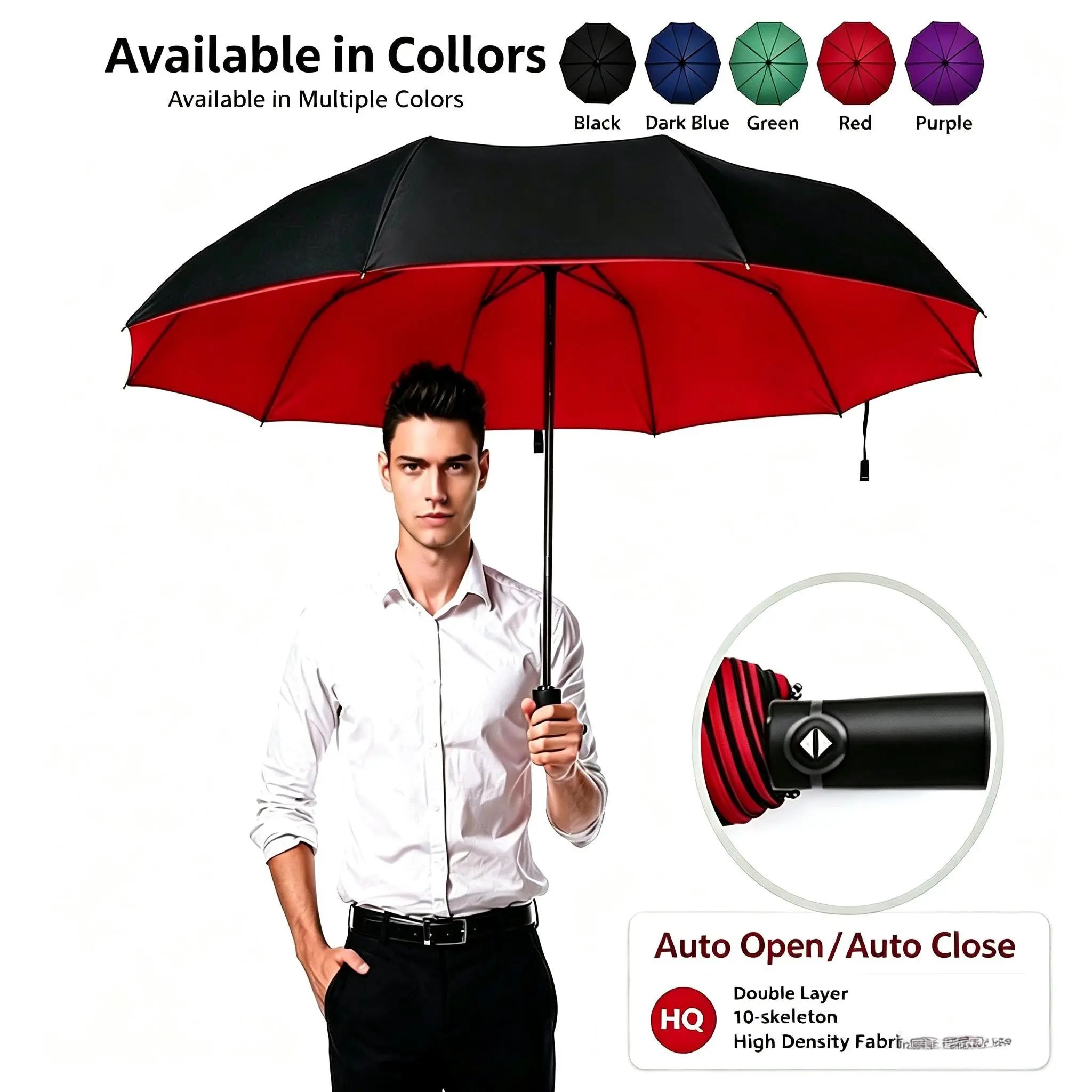 Double Layered 10 Bones Fully Automatic Umbrella, Wind Resistant, Rain Resistant, Dual-Purpose, Folding, 1pc, Perfect for All Weather Conditions