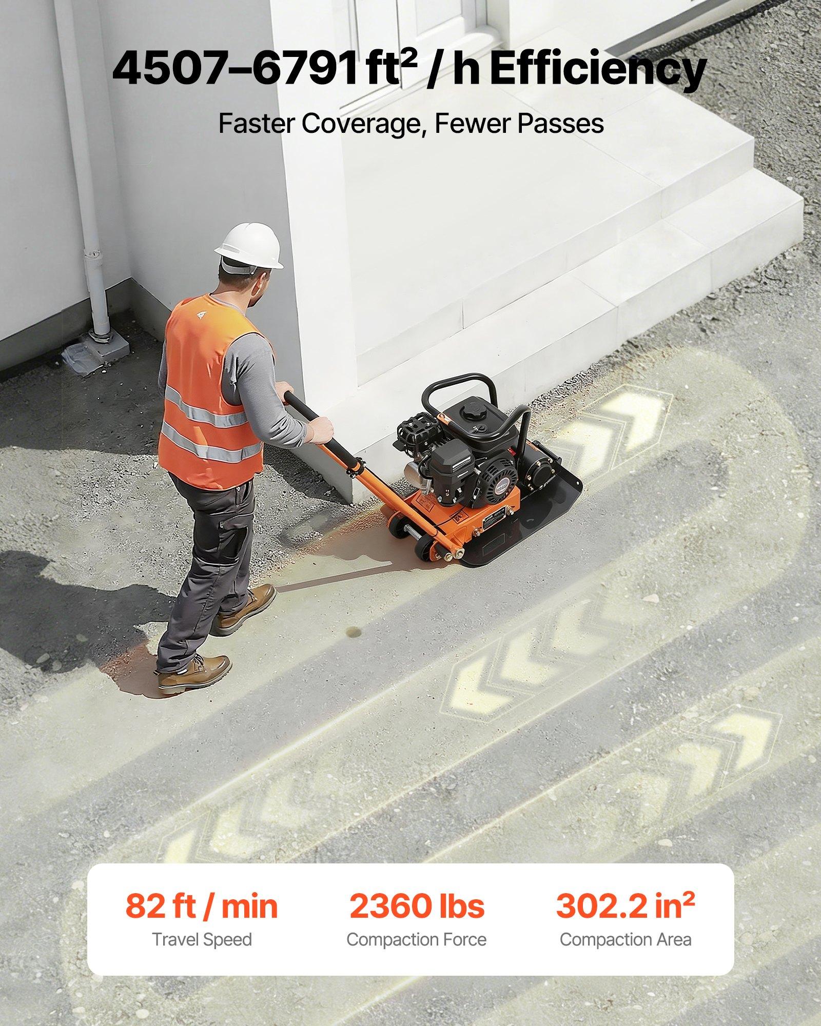 VEVOR Plate Compactor, 6.5 HP 196CC Gas Engine, 5600 VPM Vibrating Ground Rammer, 2360 lbs Compaction Force, 20.1 x 15 in Plate, Walk Behind Compactor for Paver Landscaping, Asphalt, Foundation, Soil