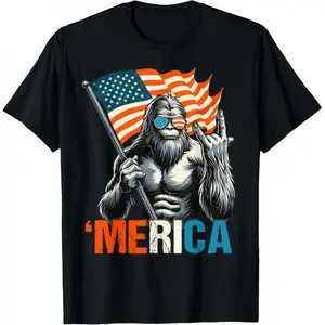 Bigfoot Merica Rock American Flag Patriotic 4th of July T-Shirt
