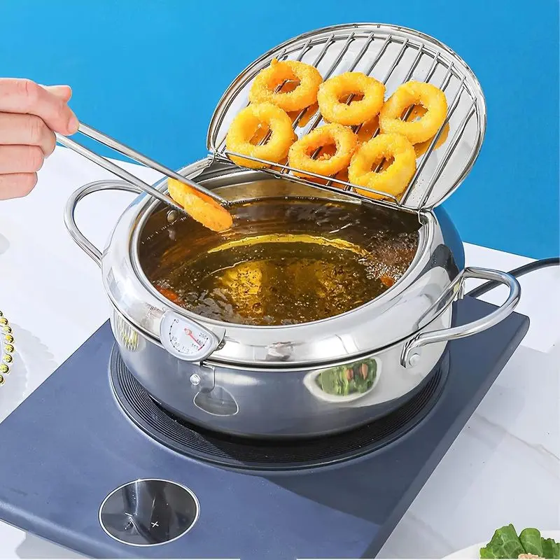 Stainless Steel Deep Fryer Pot with Strainer Basket and Thermometer, Mini Frying Pot with Handle, Dishwasher Safe, 3 Sizes