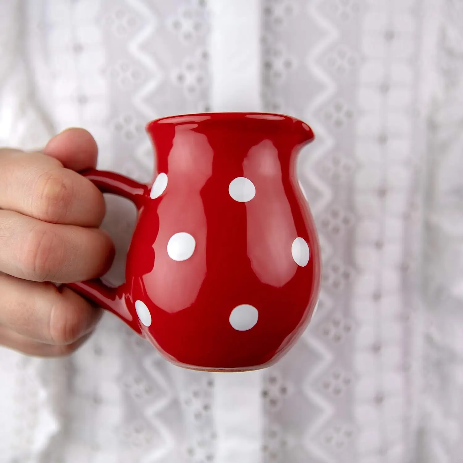 Handmade Red and White Polka Dot Small 150ml/5oz Ceramic Creamer, Milk Jug, Pourer, Pitcher Jug, Pottery Housewarming Gift for Tea Coffee Lovers