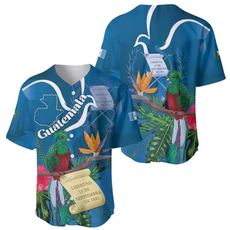 Men's Classic Casual Short Sleeve Button-Up Shirt - Quetzal Print Libertad Theme Patriotic Garment, 15 de Septiembre 1821 Guatemala Independence Day Gift, Soft Menswear Outdoor Top
