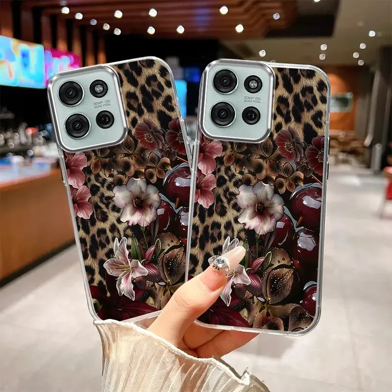 Rigid TPU Protective Case for Motorola Moto G75 Smartphone - Slim Fit, Shockproof Drop-Proof Shell, Handheld Device Accessory with Camera Cover, Exclusive Leopard Print with Blooms & Glossy Fruits Design BOLYKNDGQ, Screen Protector Included