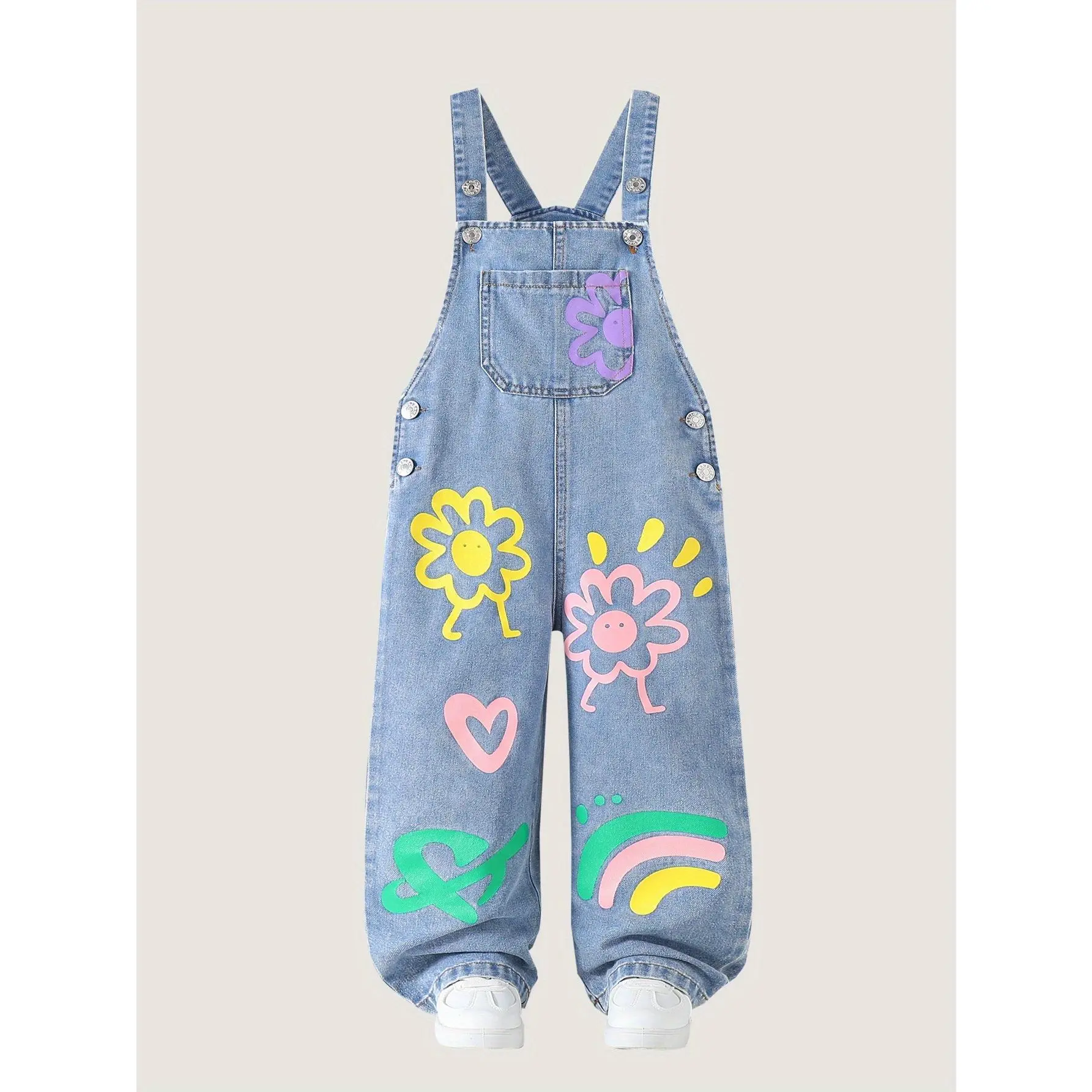 Girls' denim overalls with button decoration, single pocket, floral print, loose fit, ankle-length, summer casual everyday overalls-DH