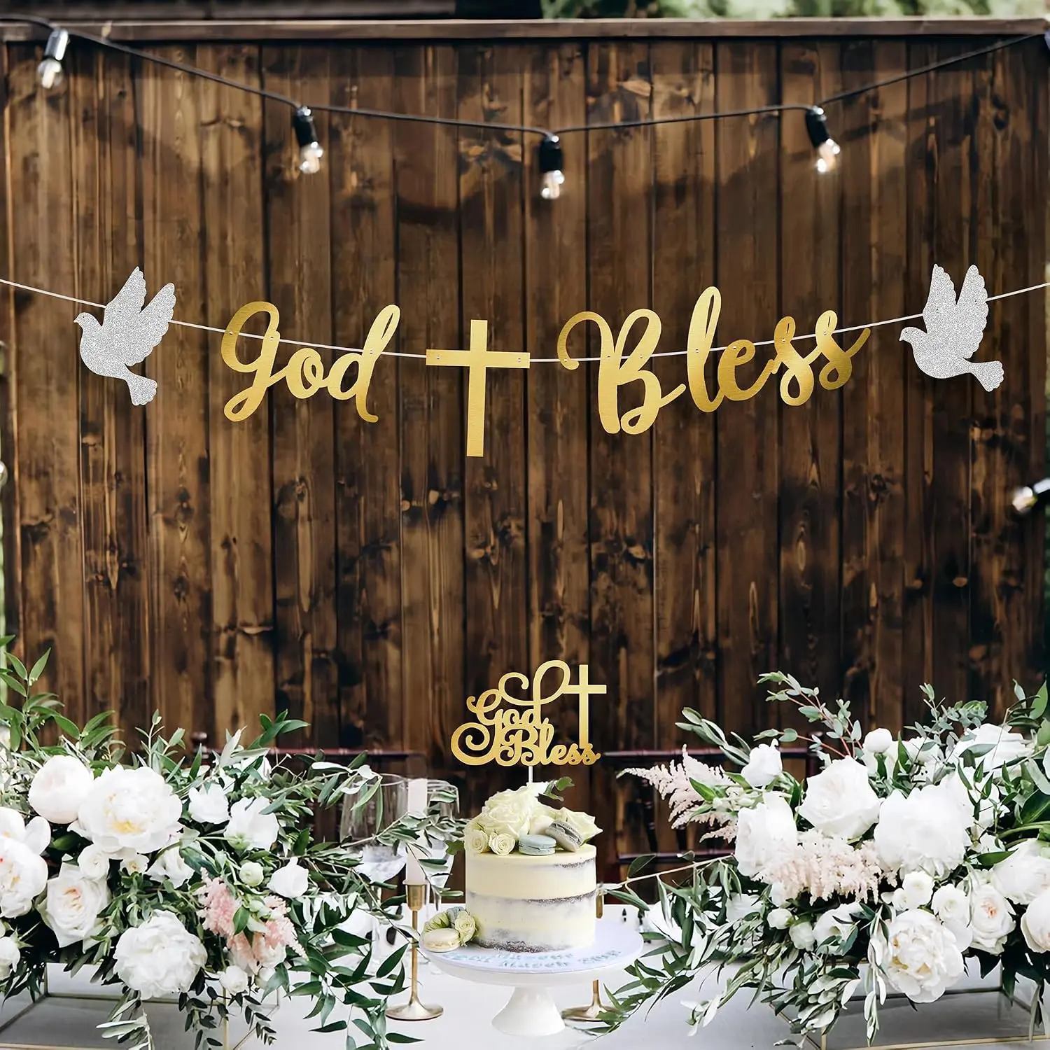 Pre-strung God Bless Banner Cake Topper Baptism Decorations for Boys Girls, Foil First Communion Confirmation Decorations, Bautizo Decorations