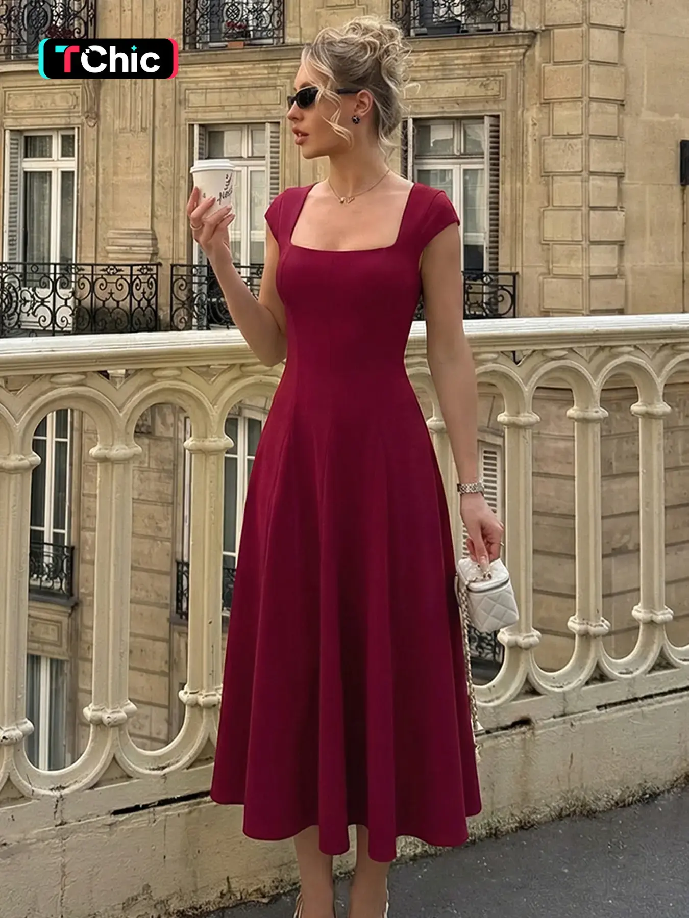 Women's Solid Color Square Neck Tie-back Bodycon Pleated Dress, Chic, Elegant Fashion Dress, Plain Butterfly Short Sleeves Ruched Backless Lace-up A-line Midi Dress, Holiday Party Club Date Evening Formal Dress, Ladies Summer Daily Casual Dresses