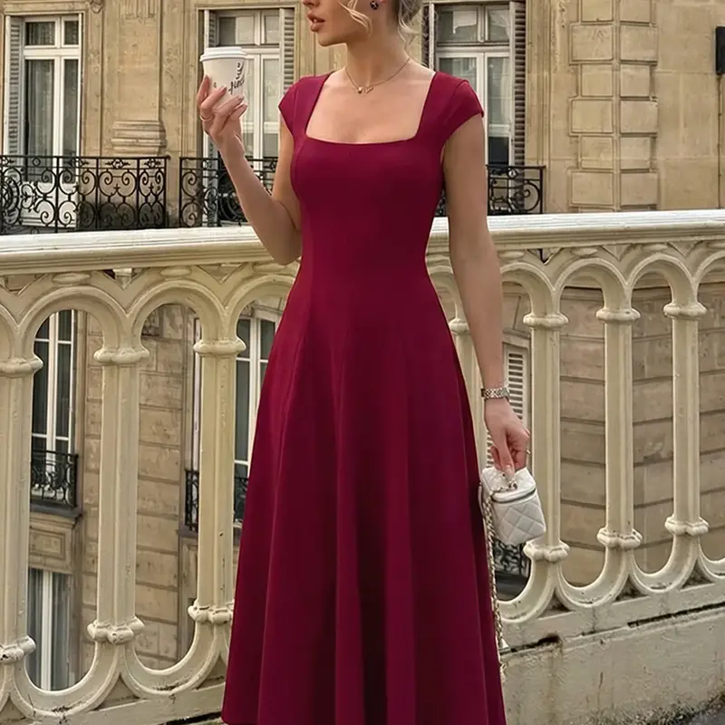 Women's Solid Color Square Neck Tie-back Bodycon Pleated Dress, Chic, Elegant Fashion Dress, Plain Butterfly Short Sleeves Ruched Backless Lace-up A-line Midi Dress, Holiday Party Club Date Evening Formal Dress, Ladies Summer Daily Casual Dresses