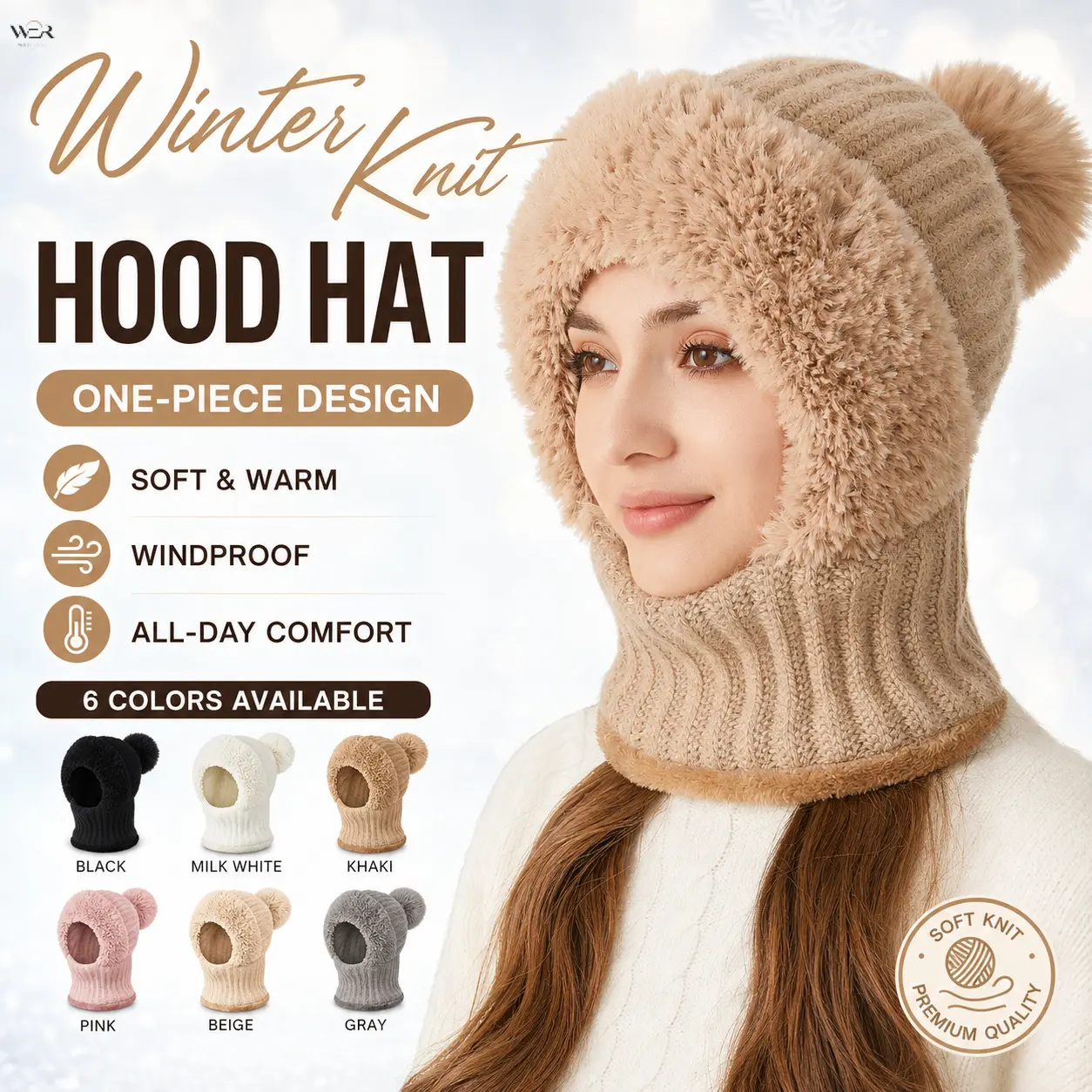 Women One Piece Winter Knit Hood Hat Fleece Lined Windproof Neck Warmer Pom Pom Bobble Ear Flap Balaclava Hat 6 Colors Warm Ski Cycling Cold Weather Accessory
