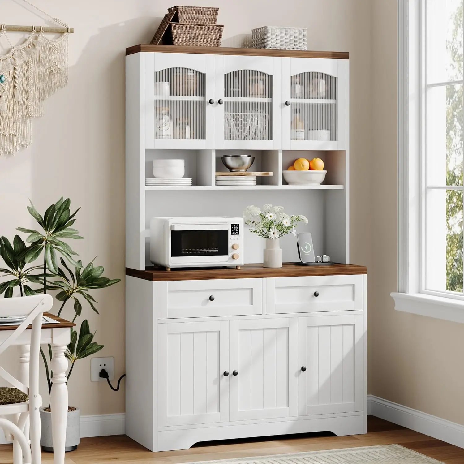 71" Freestanding Kitchen Pantry Cabinet with Glass Display, Farmhouse Storage Cabinet with Drawer & Open Shelves, Wood Countertop & Charging Station for Dining Room