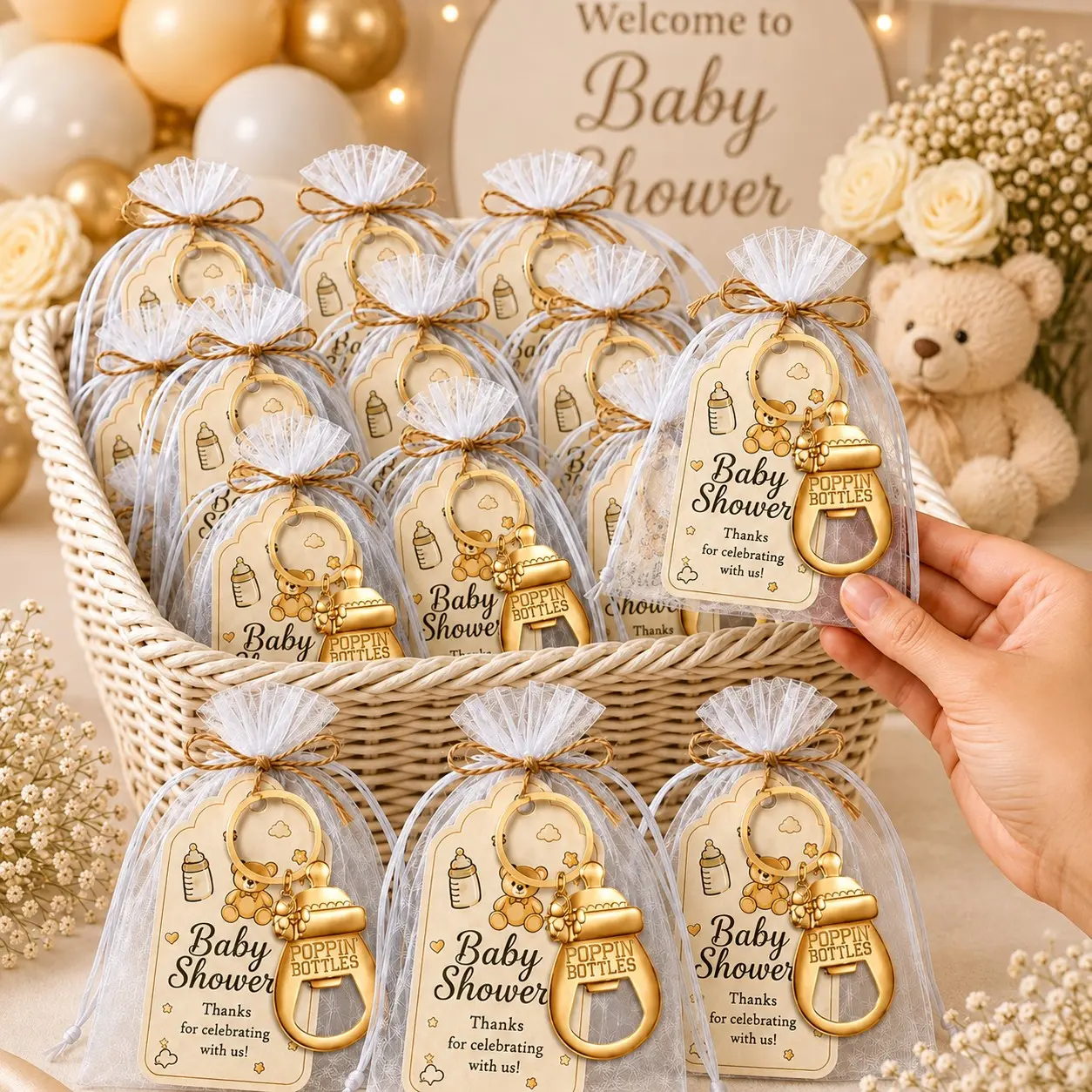 10/20 sets Baby Shower Favors for Guests, Gold Baby Bottle Opener Keychains with White Organza Gift Bags, Thank You Cards and Jute Twine, Gender Reveal Party Supplies, Baby Shower Game Prizes, Baptism and Christening Favors, Guest Keepsakes