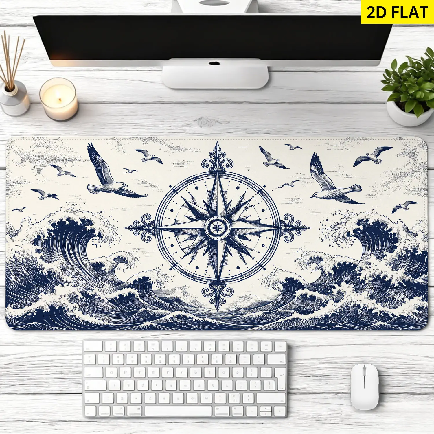 Extra Large Nautical Compass Ocean Waves Seagull Mouse Pad, Non Slip Rubber Pad, Desktop Decoration Drotection Pad, Washable, Lock Edge Multi Size, Premium Multipurpose Mousepad For Home, Office, Gift for Family and Friends
