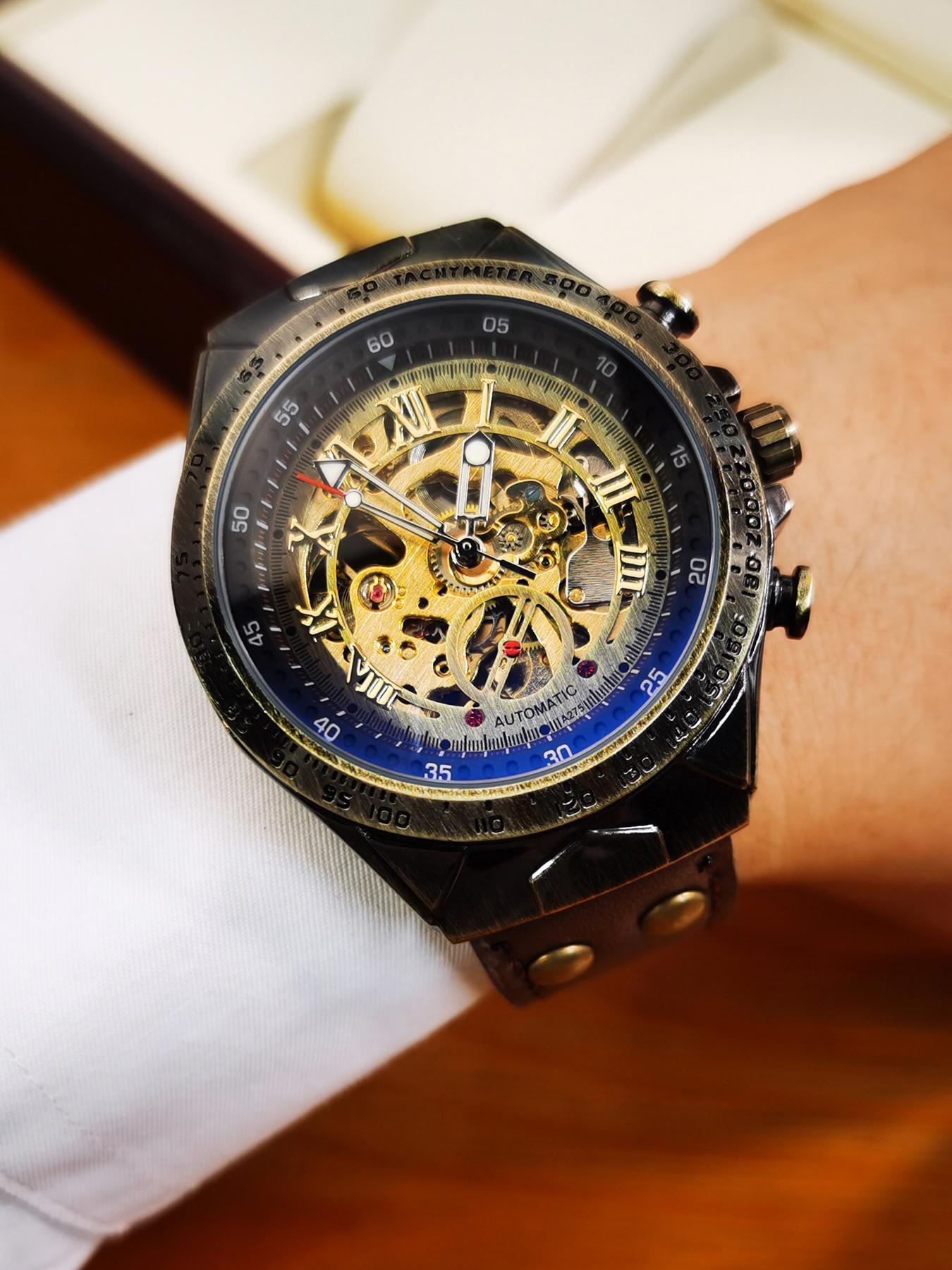 Men's Vintage Automatic Mechanical Watch, Fashionable Stylish Watch, Fashion Luminous Hands Watch for Party, Daily Clothing Decor, Watch for Birthday Gift with Box, Mechanical Style Watches detail 8