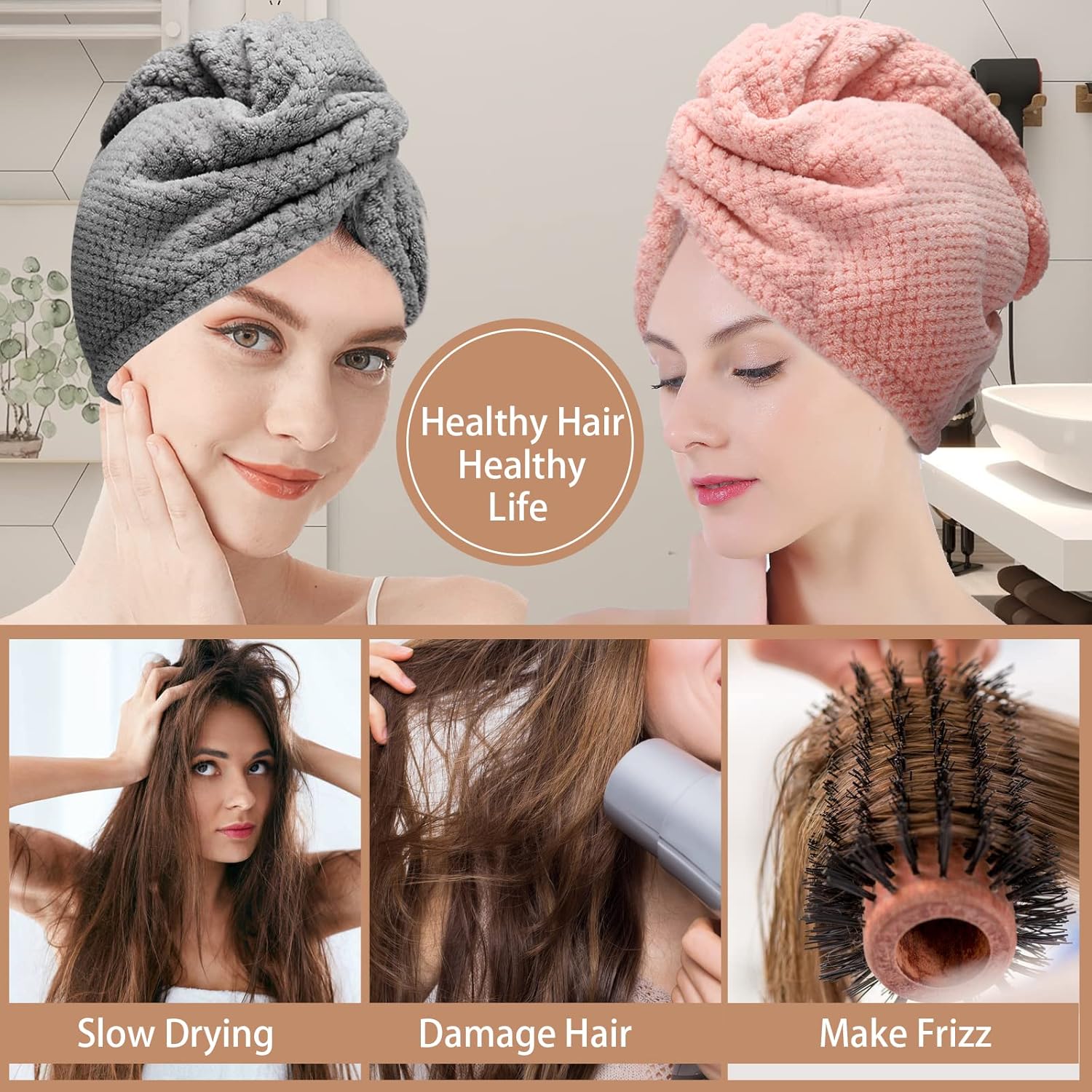 3 PCS Microfiber Hair Towel, Hair Wraps for Women Wet Hair, Fast Drying Hair Turban, Anti Frizz Head Towels Wrap for Curly Hair