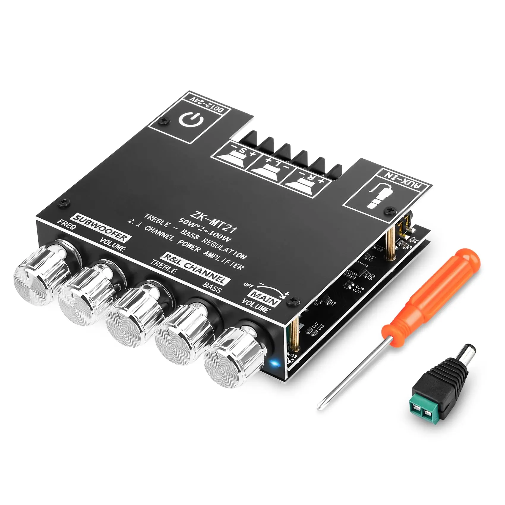 ZK-MT21 Bluetooth Audio Amplifier Board, 50W+50W+100W 2.1 Channel Subwoofer Amp with Treble Bass Sub Control, DC 9-24V, Bluetooth/AUX Inputs, Dual HiFi Chip for DIY Wireless Speakers, Home Amplifier with Smartphone/Mobile Connection, Protection