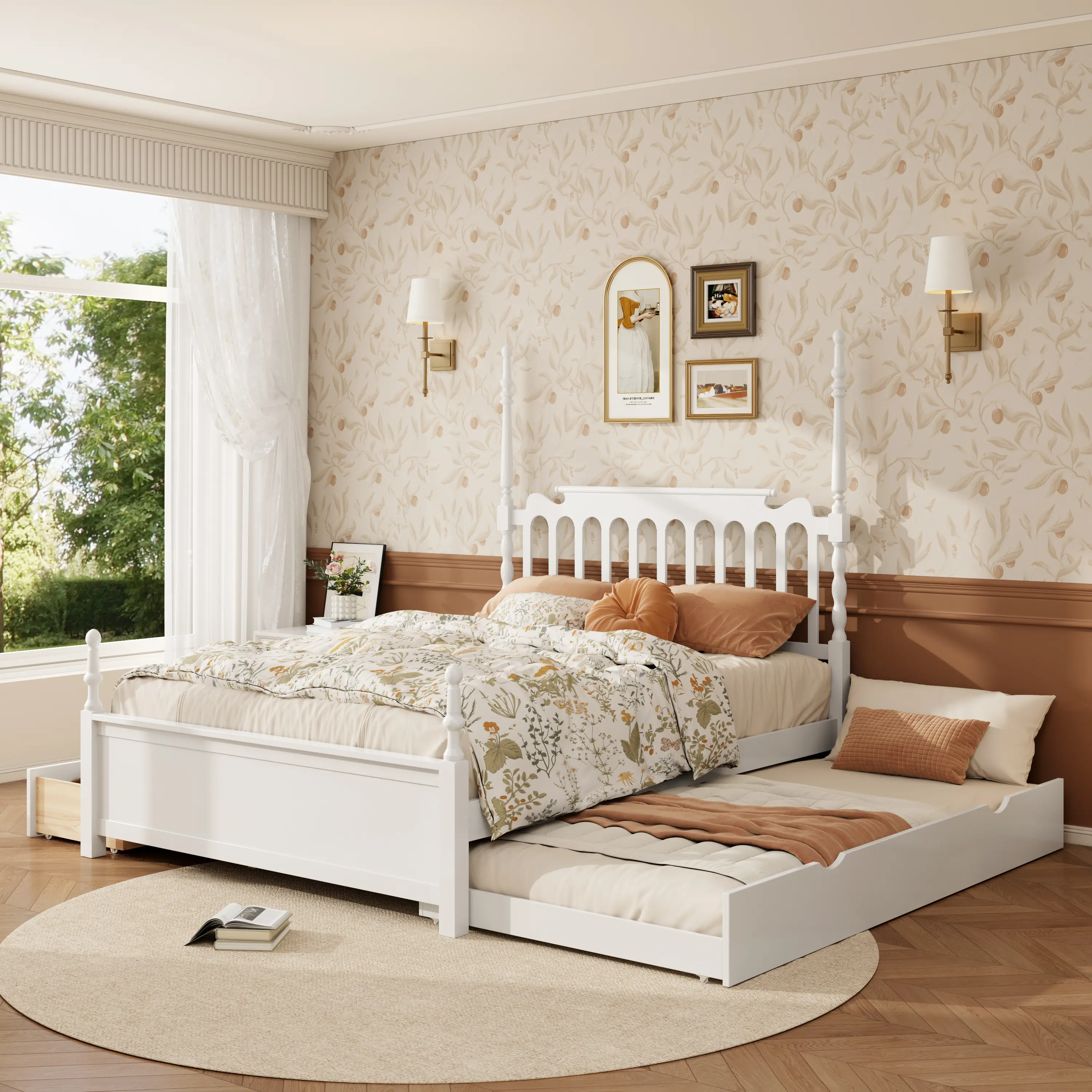 ARCH Queen Size Sturdy Wooden Platform Bed Frame with Twin XL Trundle, 2 Storage Drawers, Classic Spindle Headboard, White Plywood Indoor Bedroom Furniture, Spindles