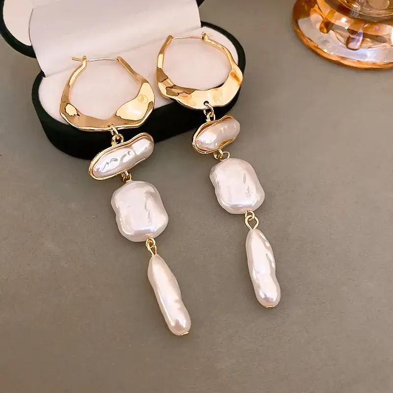 Baroque Irregular Pearl Drop Earrings, Vintage Gold Statement Jewelry for Women, Elegant Wedding & Daily Accessories