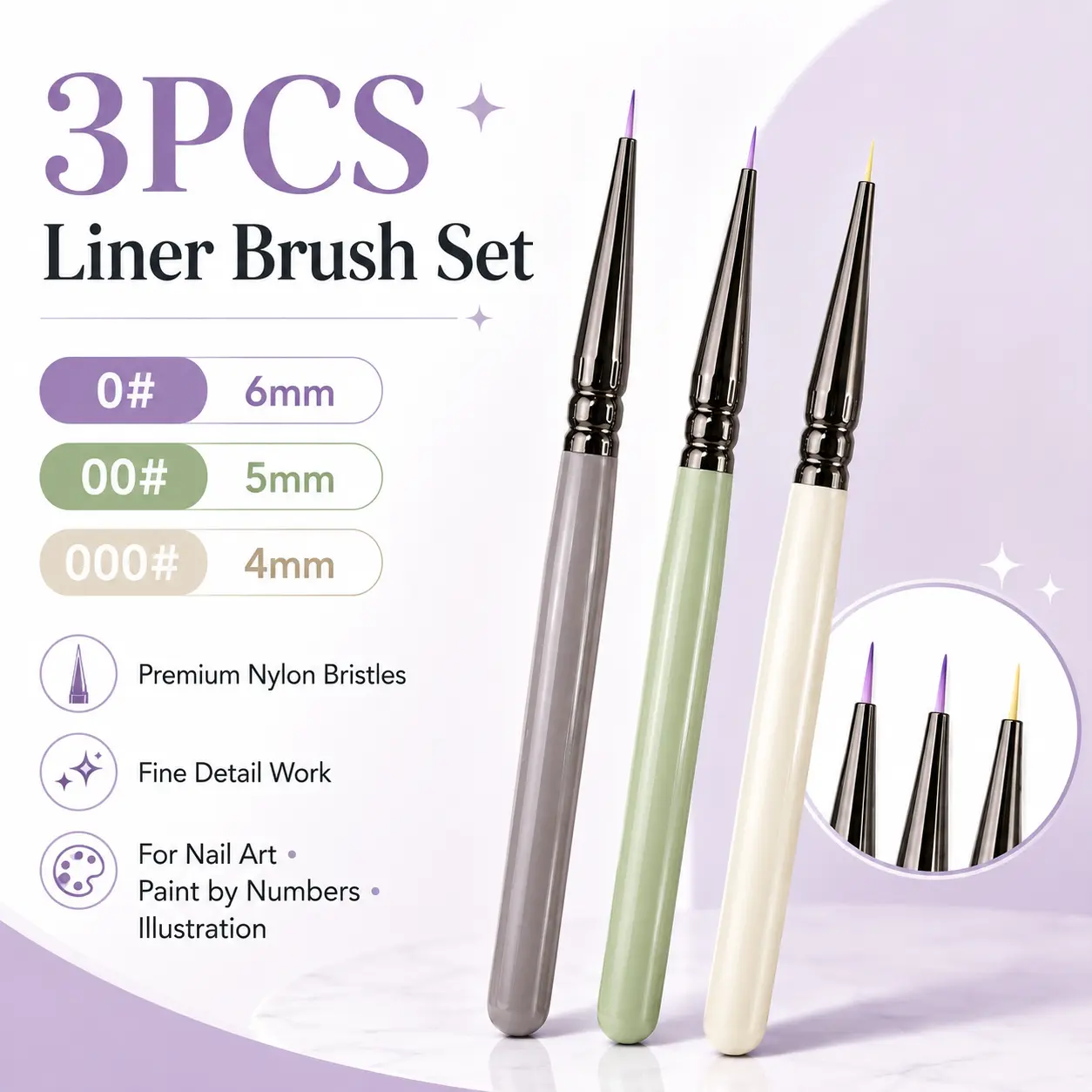 3-Pcs Liner Brush Set, Ultra Fine 4-6mm Precision Tip Detail Brushes for Miniature Painting, Nail Art, 3Pcs Detail Brushes
