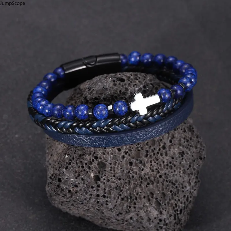 Unisex Multi-Layer Stackable Braided Leather Bracelet - Casual Outdoor Leisure Jewelry with Natural Tiger Eye, Onyx, Lapis, Cross Charm and Magnetic Lock