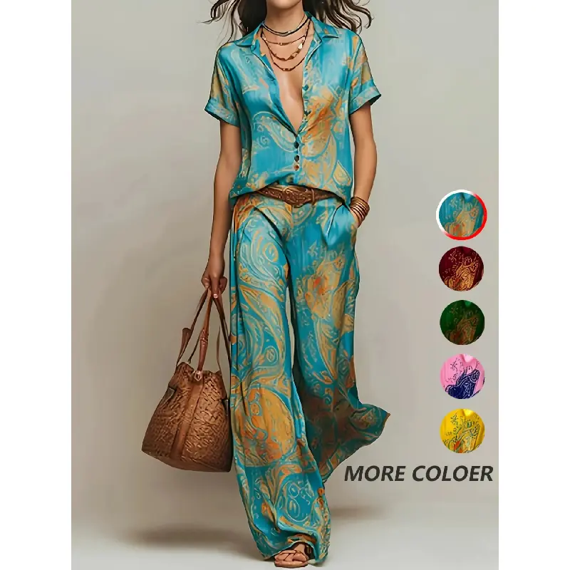 Casual Vacation Style Blouse with Geometric Print and Pocketed Pants Set, Loose-Fit Short Sleeve Top, All-Season