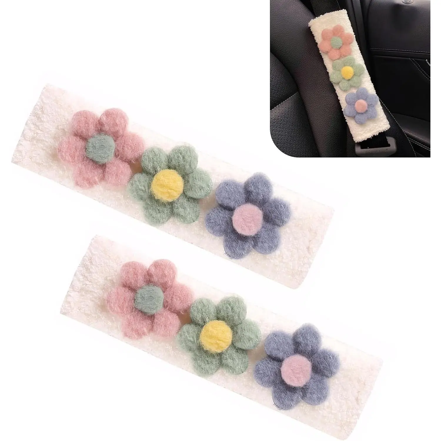 2 count  Seat Belt Cover Pads, Cute Flower Safety Seatbelt Covers Cushion, 9.4" x 2.5" Soft Plush  Strap Protector,  Seat Belt Cover for Adults and  ()​
