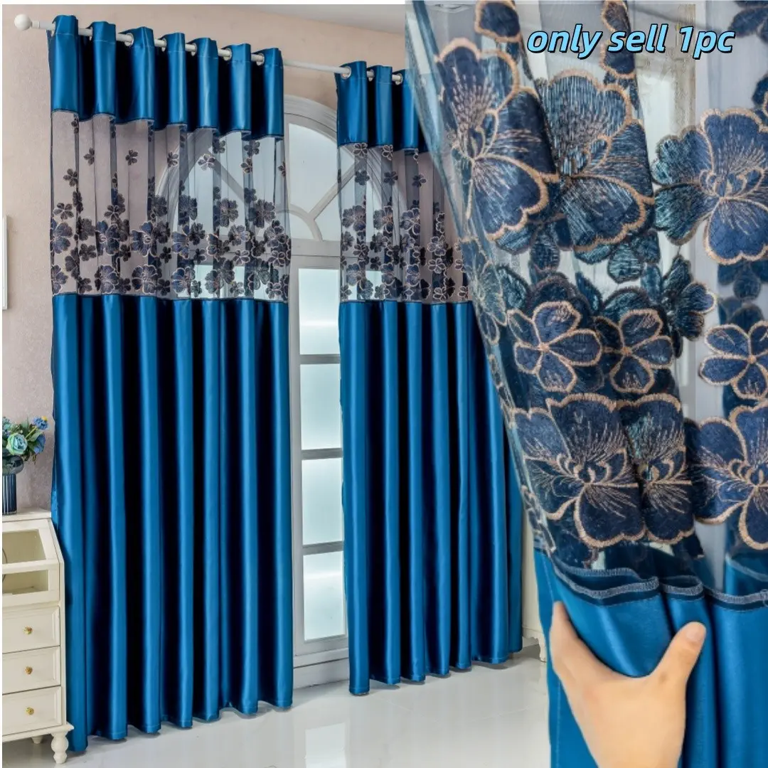 Royal Blue Double Layer Curtain, Satin & Floral Embroidered Sheer Panel, Grommet Top 2-Layer Drape for Living Room Bedroom Window, Grommet Curtains, Home Decorative Curtain, Window Drapes