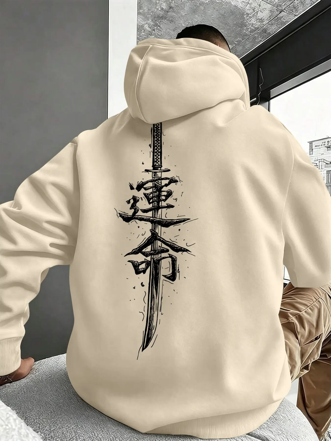 Men's Casual Graphic Hoodie, Long Sleeve Loose-Fit H-Type Sweatshirt, Fall Winter Layering Top, Unique Design Slimming Effect