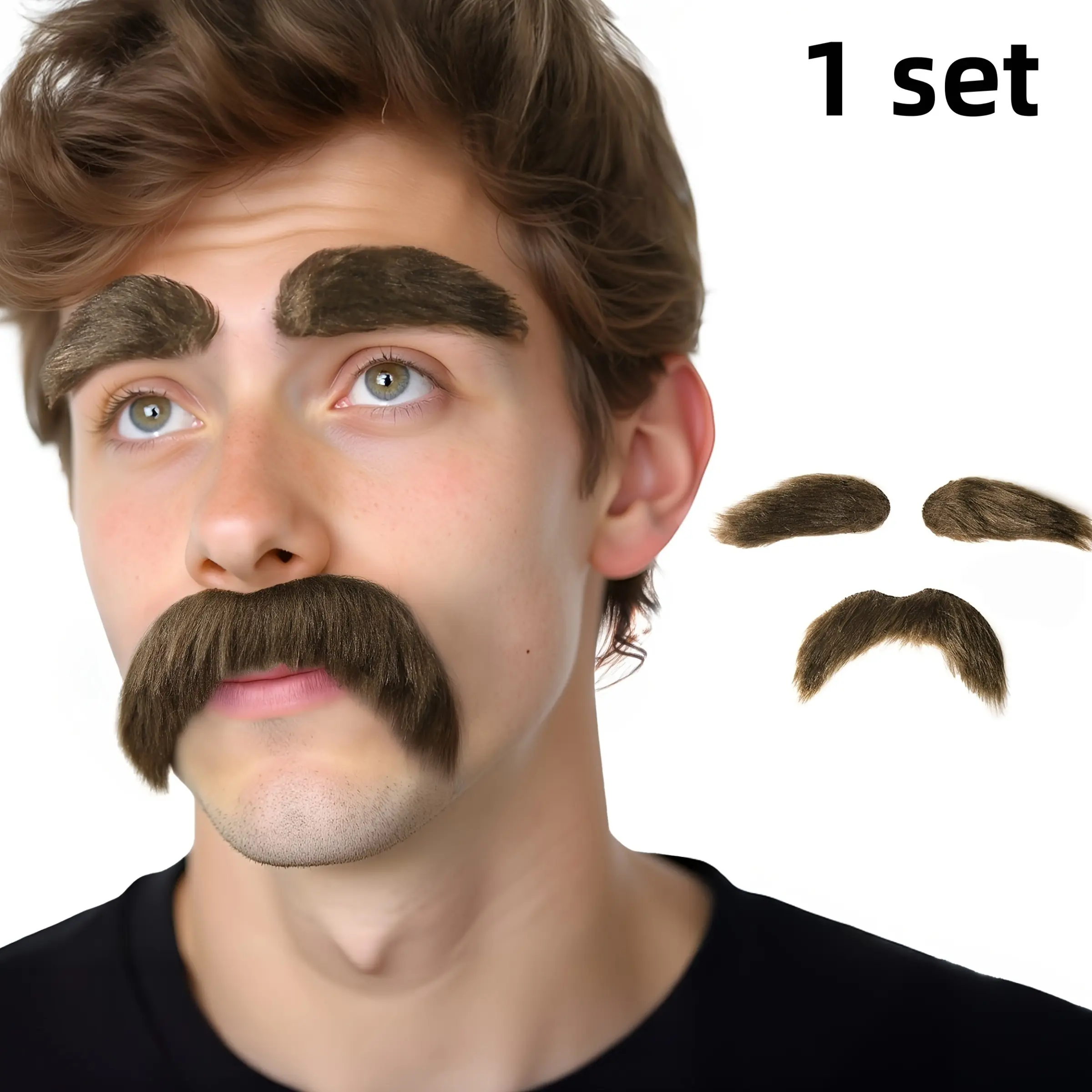 Reusable Self-Adhesive Fake Mustache and Eyebrow Kit, Halloween Party Makeup Cosplay Props, False Raspberries for Adults